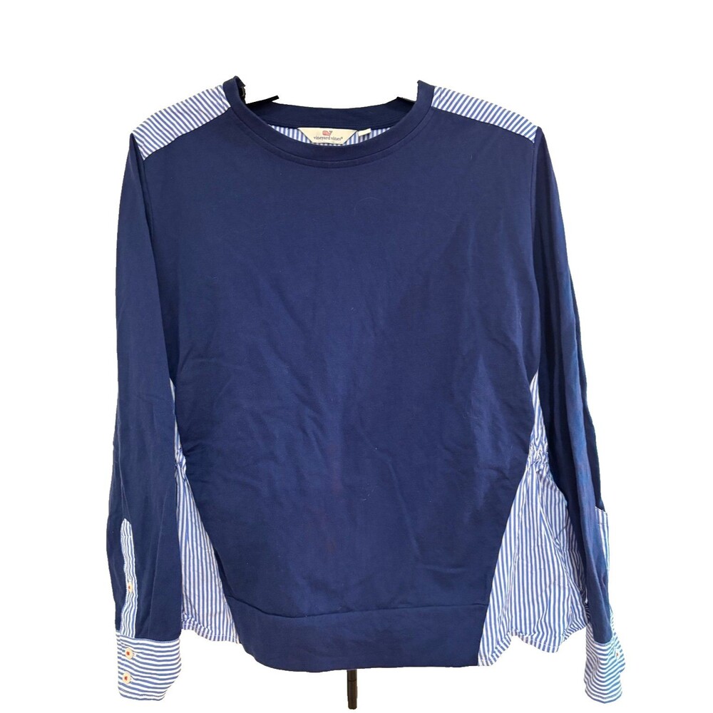 VINEYARD VINES Sweatshirt Women's M Mixed Media Striped Navy Blue White Cotton